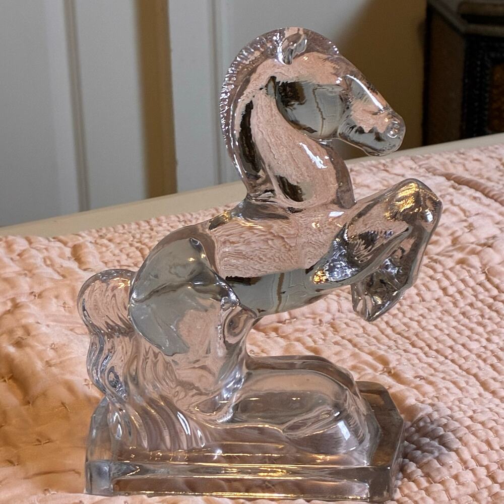 Vintage L.E. Smith Clear Glass Rearing Horse Bookend Figurine 8” Art Deco